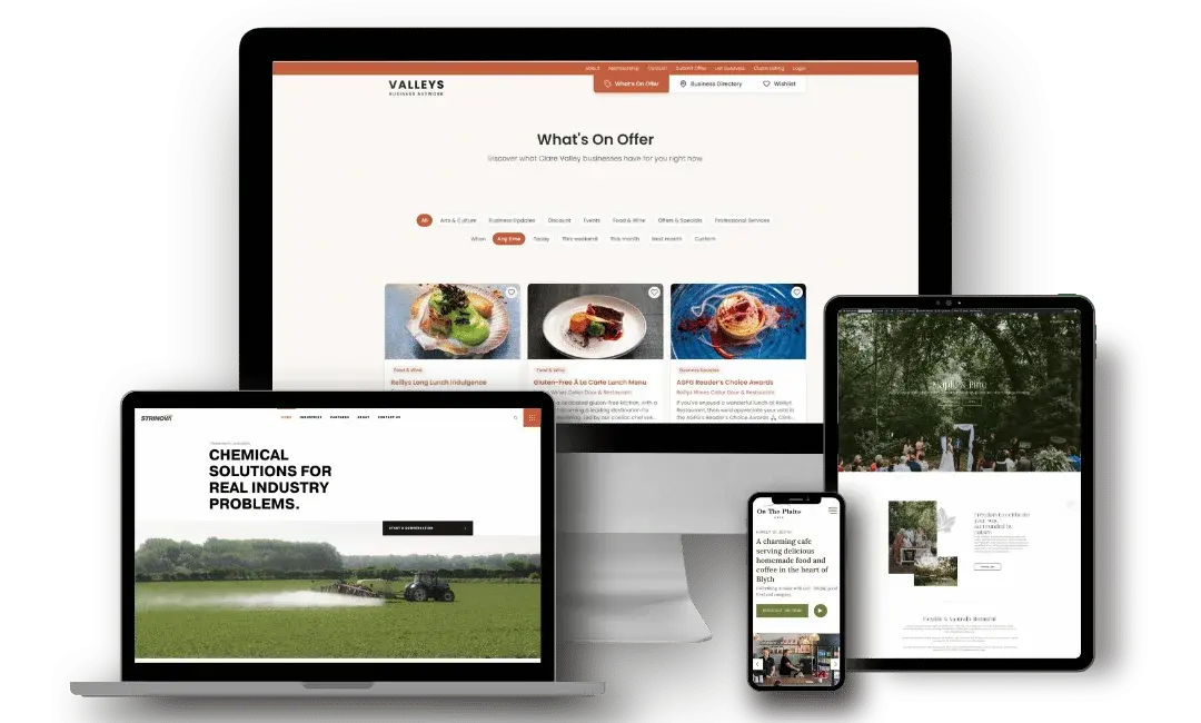 A few of the websites we've built, shown across desktop, laptop, tablet and phone